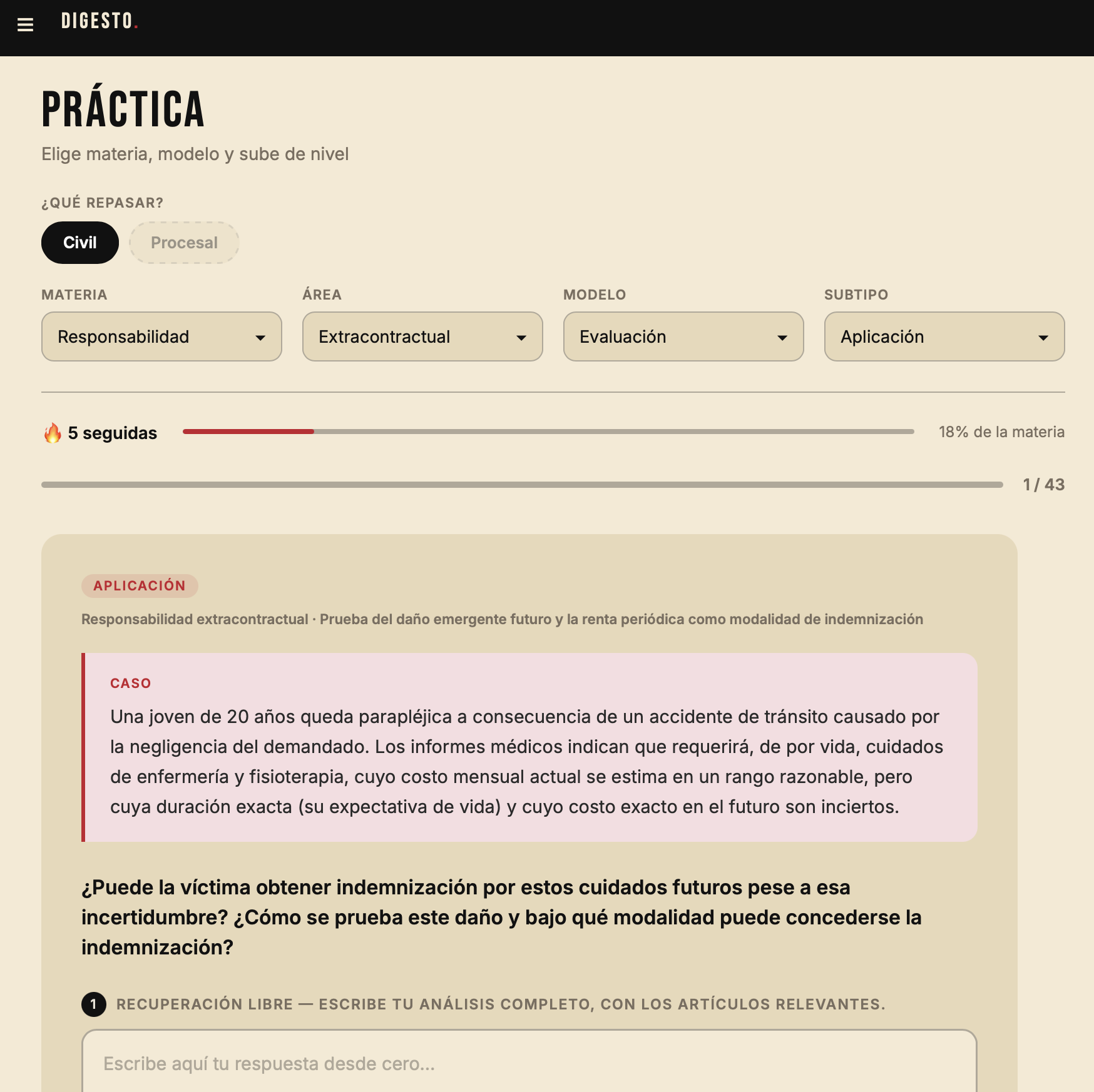 Captura del módulo de Práctica en Digesto